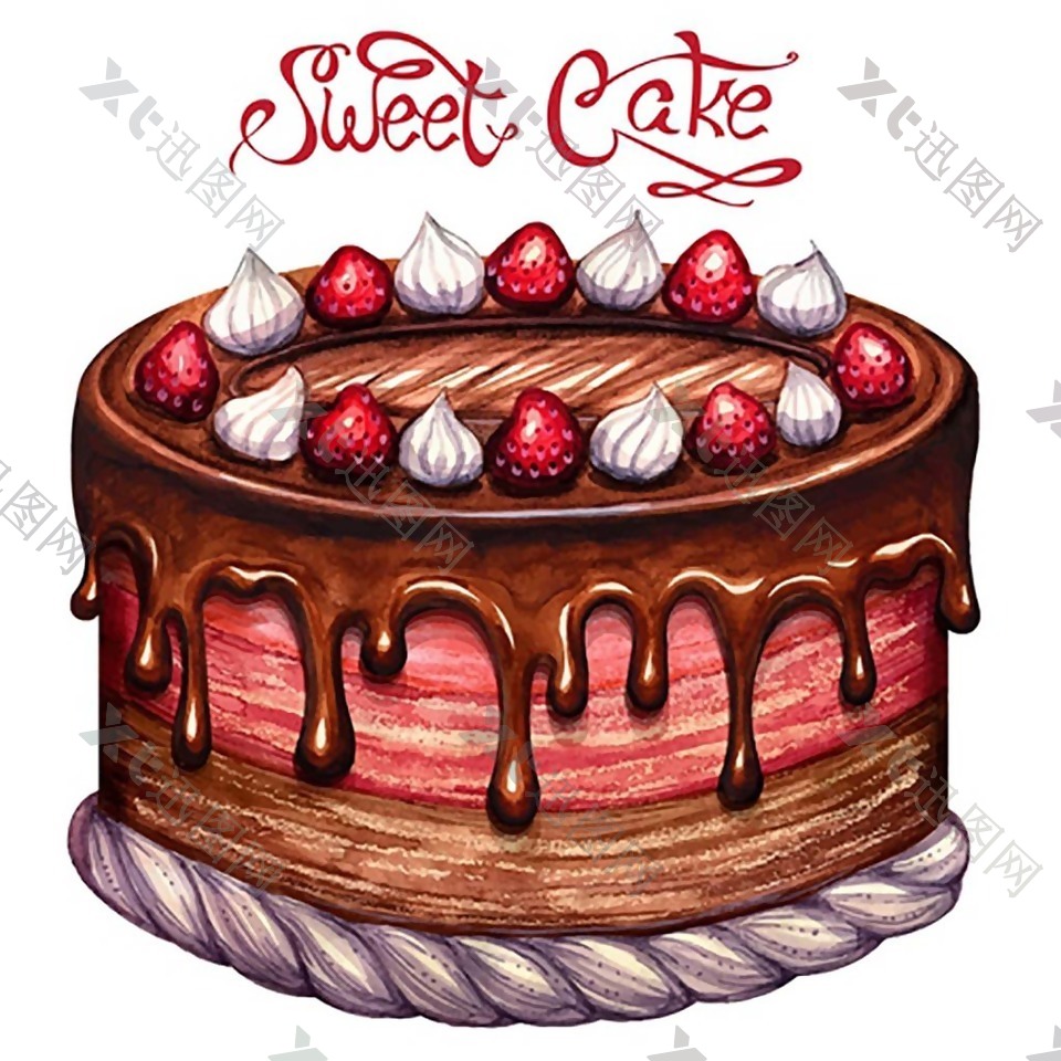 水彩手绘矢量巧克力蛋糕