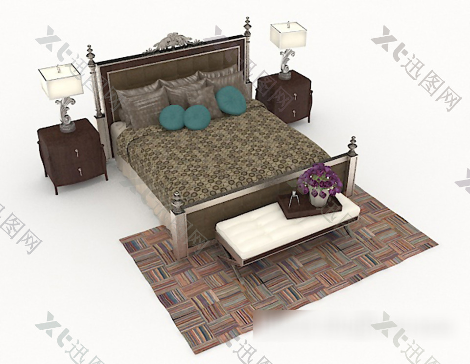 欧式风格简单双人床3d模型下载