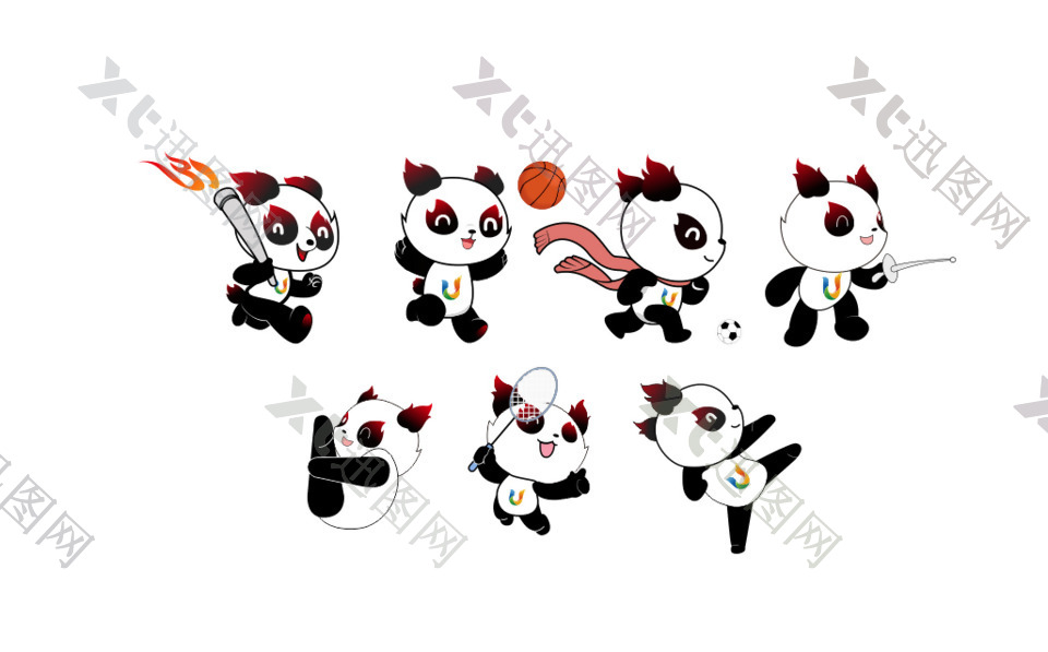 卡通熊猫运动熊猫线描大运会蓉宝