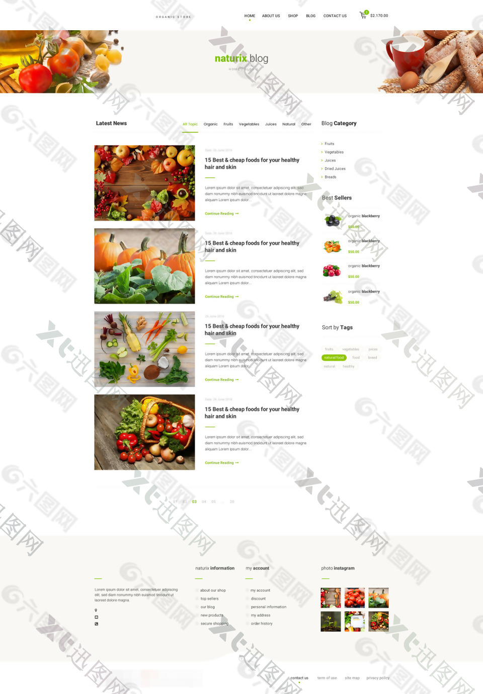 天然有机食品网站博客页面psd模板