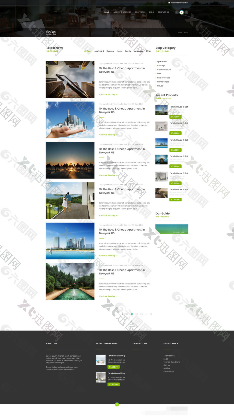 现代房地产网站博客页面PSD模板