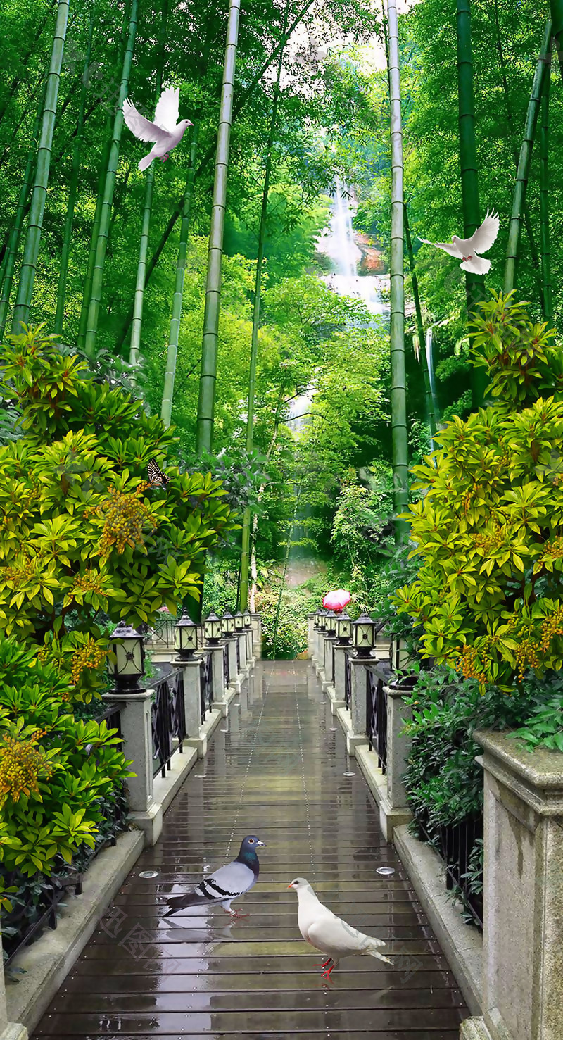 绿色竹林玄关背景图