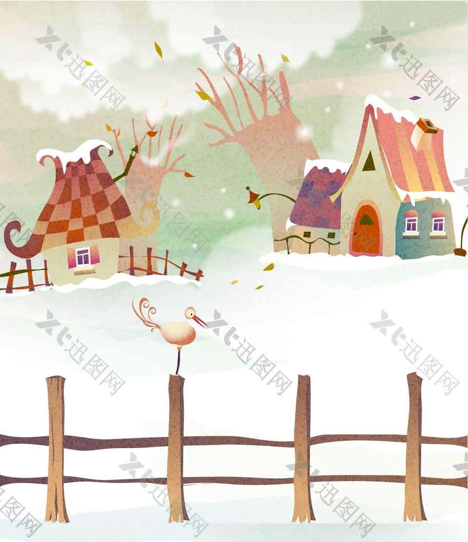 雪景冬季童话故事可愛儿童彩绘矢量28