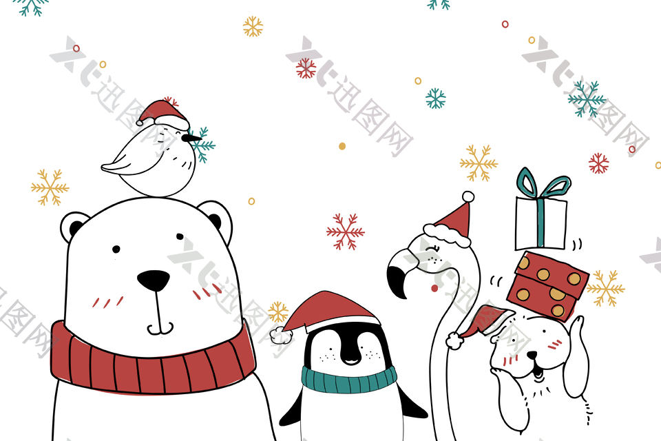 圣诞节 北极熊 可爱 手绘 卡通 企鹅