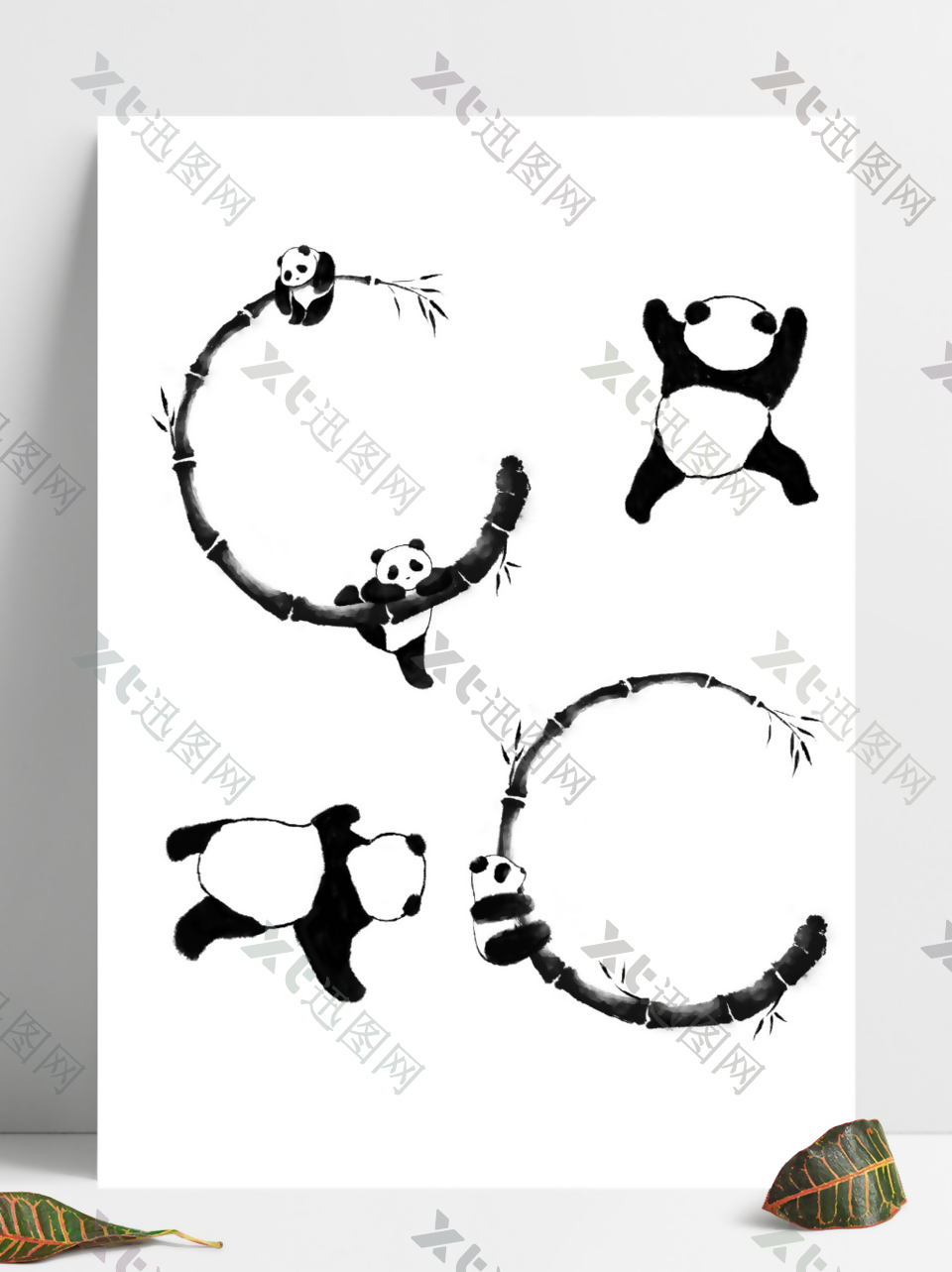 水墨风竹子熊猫手绘素材