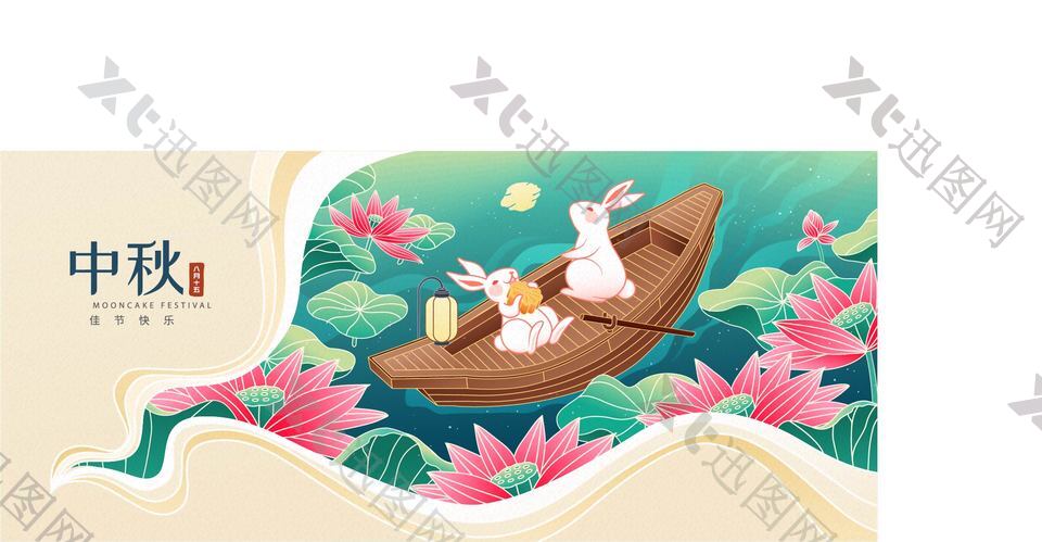 中秋月色玉兔插画背景素材