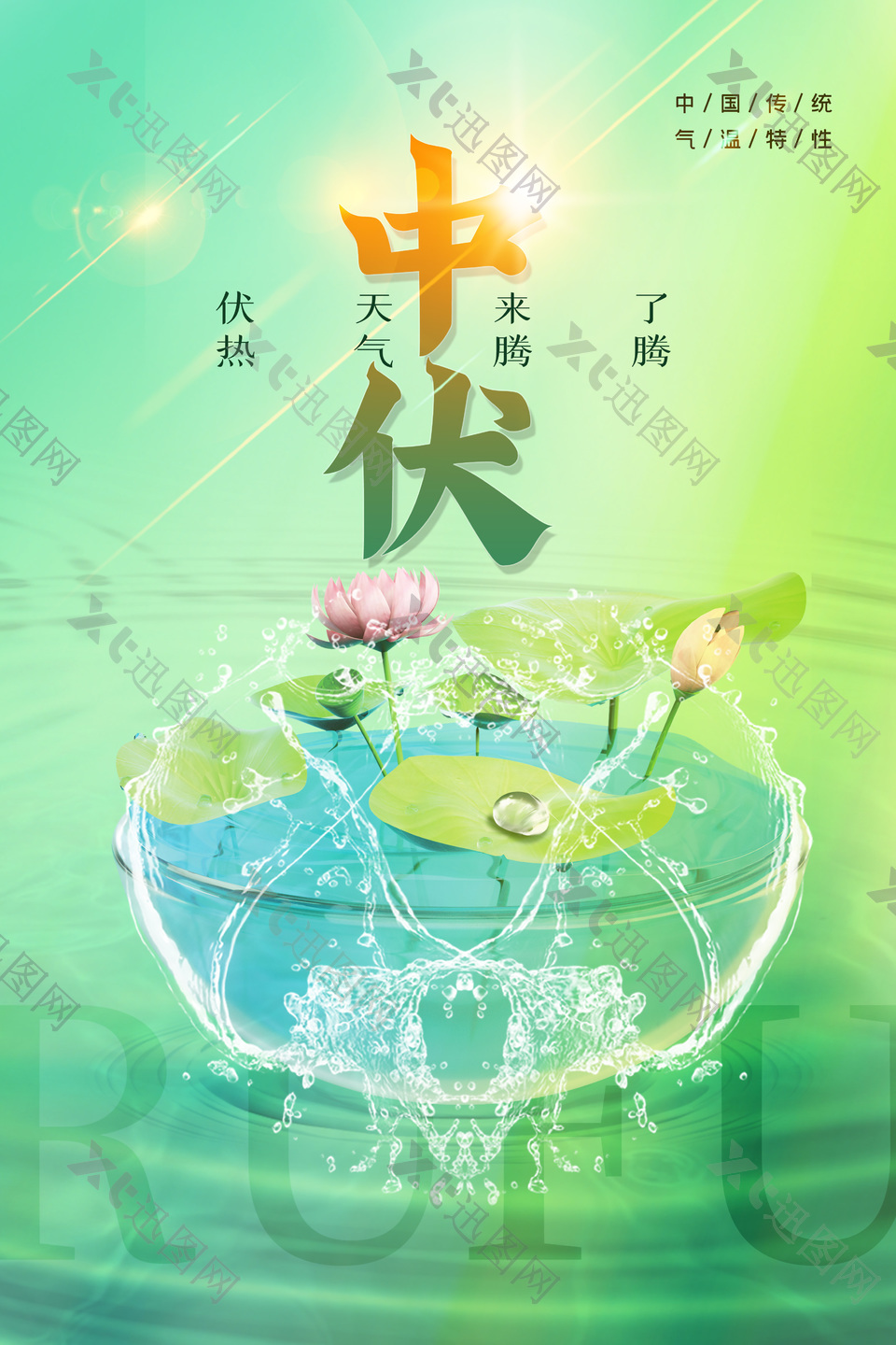 中国传统气温特性之中伏绿色海报设计