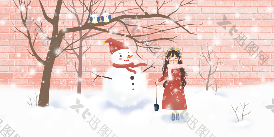 冬日雪景女孩创意插画