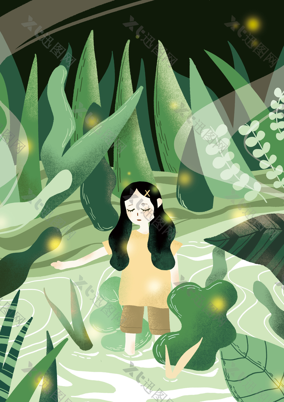 森系女孩创意绿植背景插画