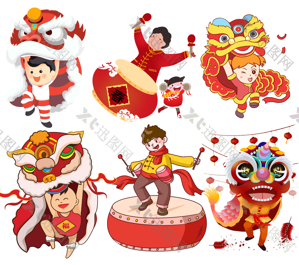 卡通手绘中国风传统舞龙舞狮元素下载
