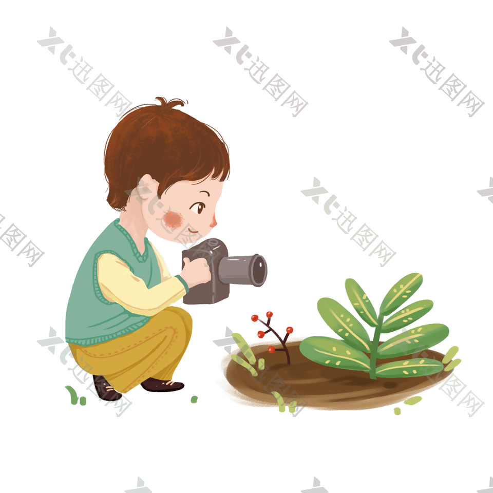 可爱卡通手绘小男孩观察植物插画素材