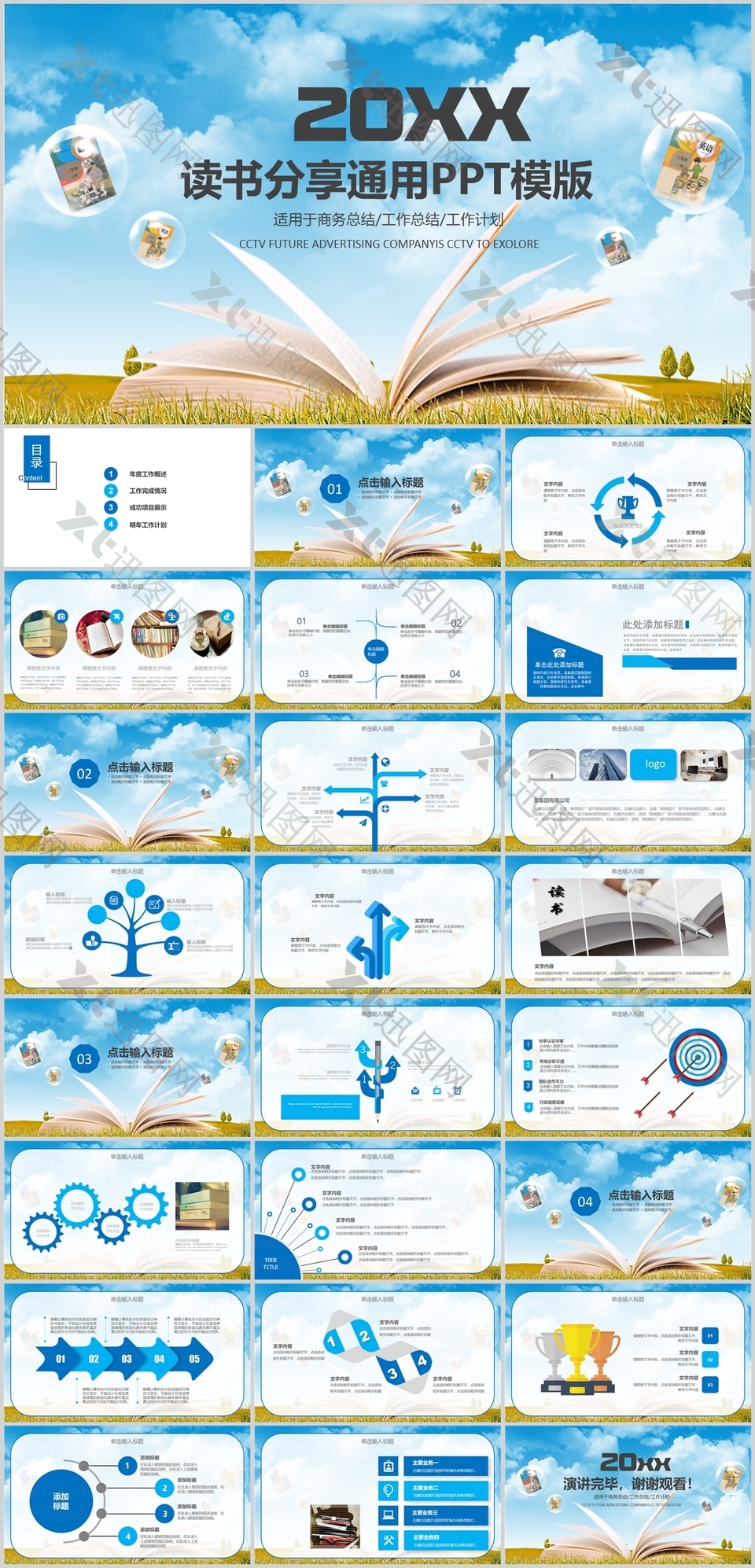 蓝色经典实用儿童读书分享通用PPT模板