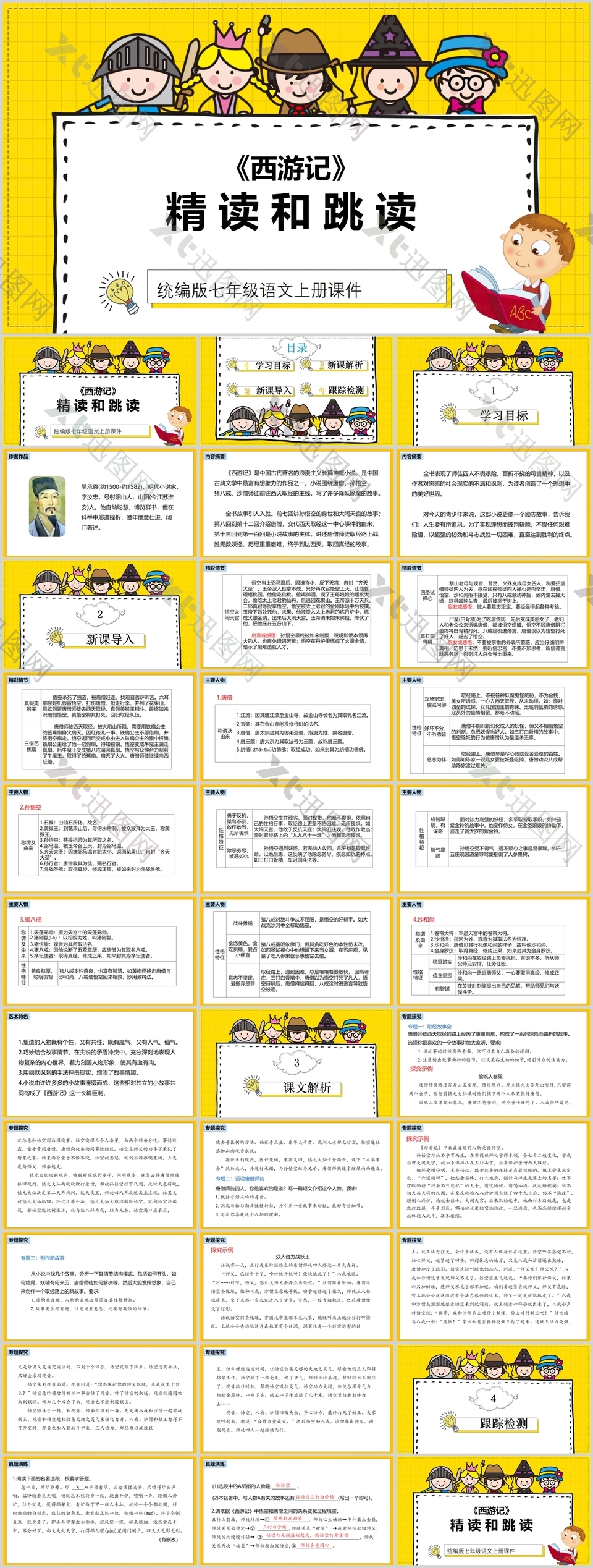 趣味手绘卡通风西游记精读和跳读PPT模板