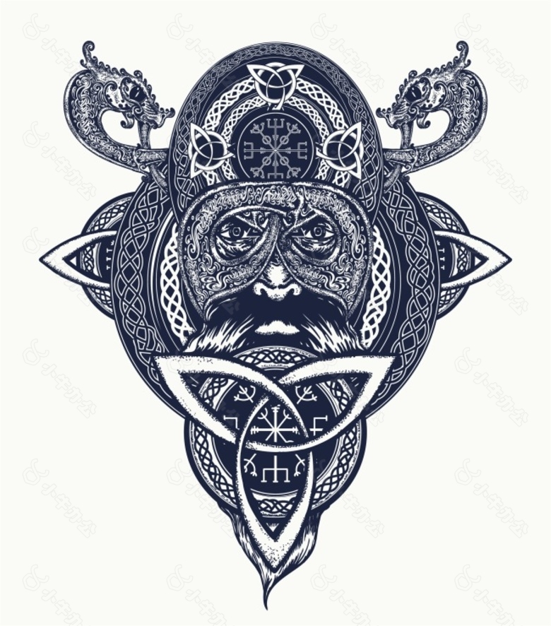 蓝色纹身图案创意动物鹰眼矢量