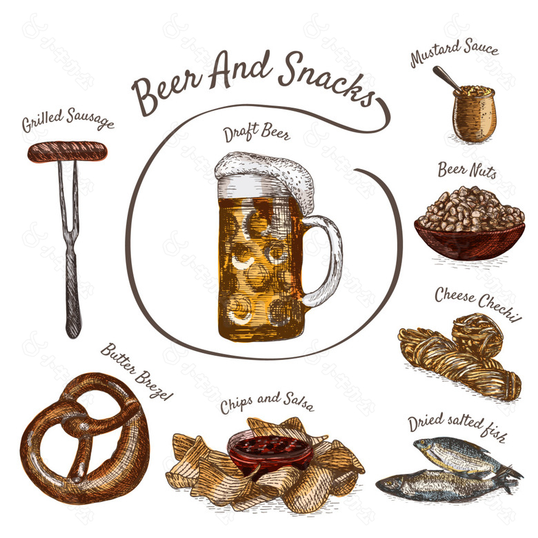 手绘啤酒和美食插画