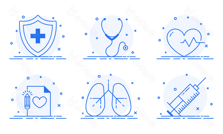 急救、听诊器、心电图、肺部及注射器用医用标志平面图。