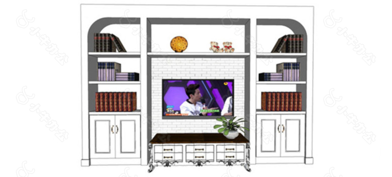 白色简约电视背景墙收纳柜模型
