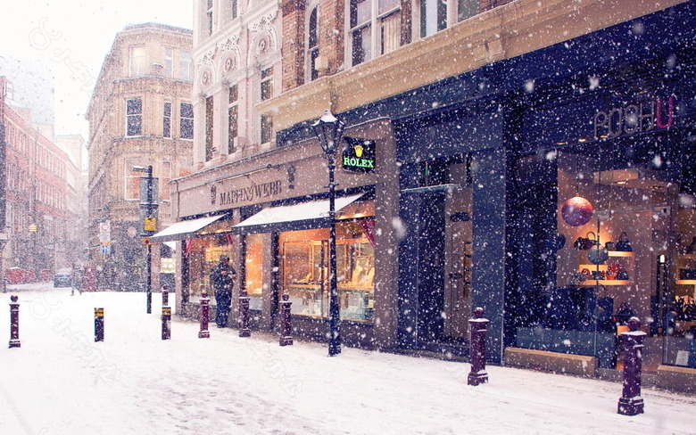 浪漫国外街景雪花背景