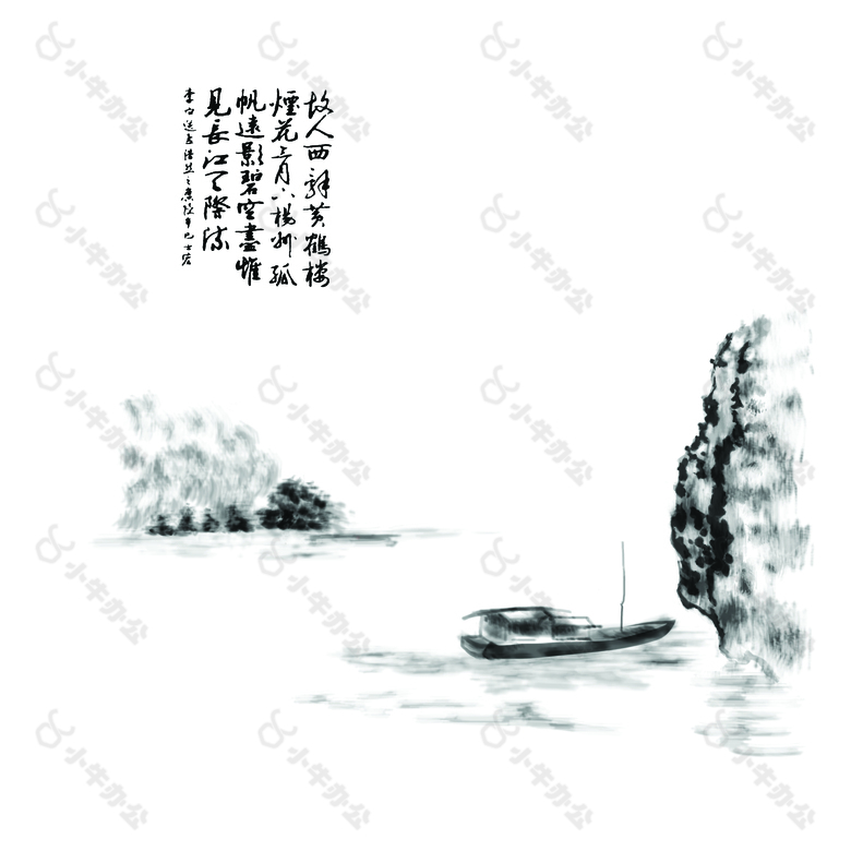 手绘诗词小船移门画