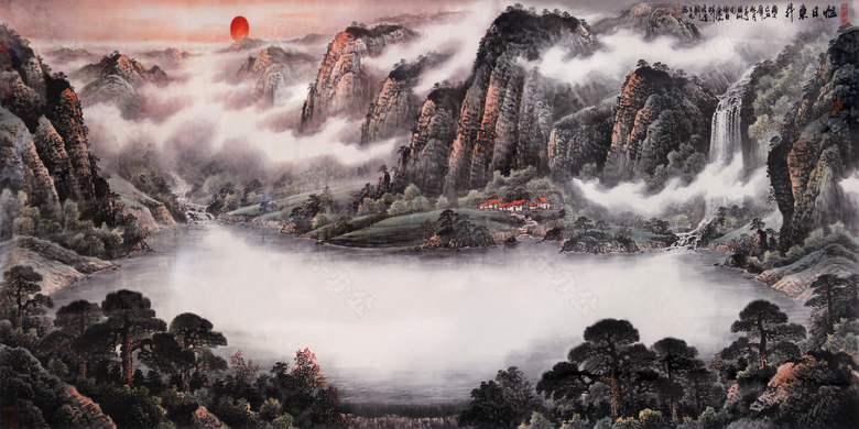 彩绘沧海桑田室内挂画山水画背景