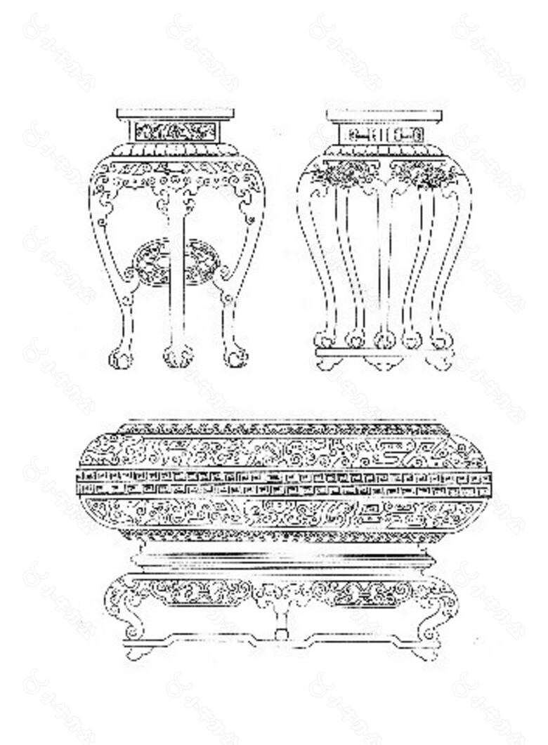 中式花盆架木家具建筑分层图