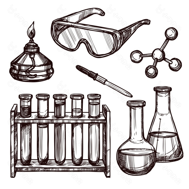 手绘铅笔实验室化学物品试剂蒸馏瓶矢量素材