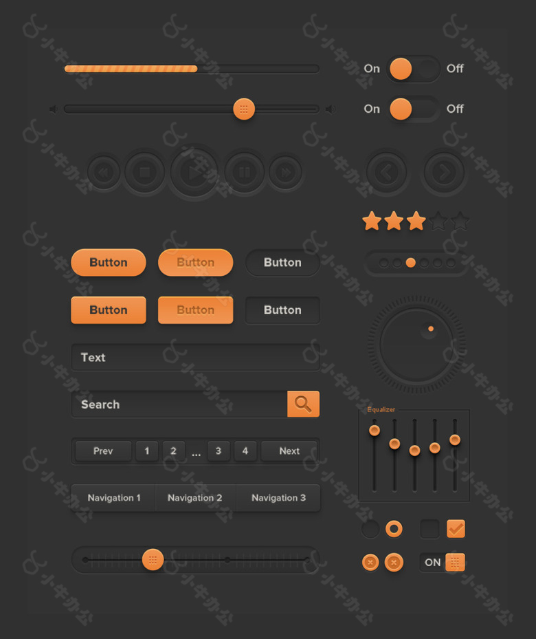 橙色进度条开关按钮搜索框网页素材设计