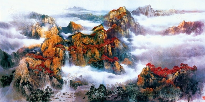 手绘彩绘山水烟雾装饰画