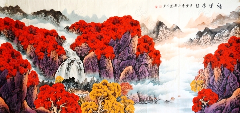 彩色彩绘树叶树木山水画装饰画