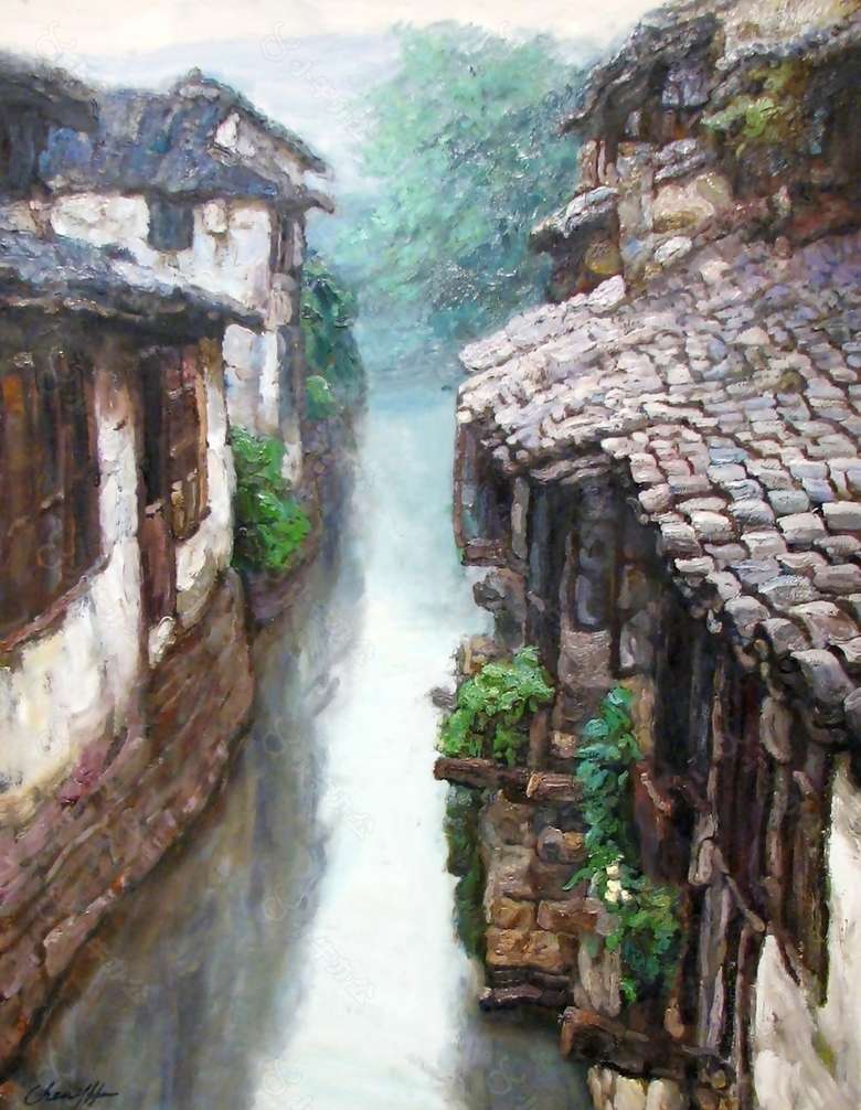 手绘房屋油路山水装饰画