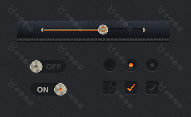 橙色的金属进度条滑块勾选框开关按钮素材