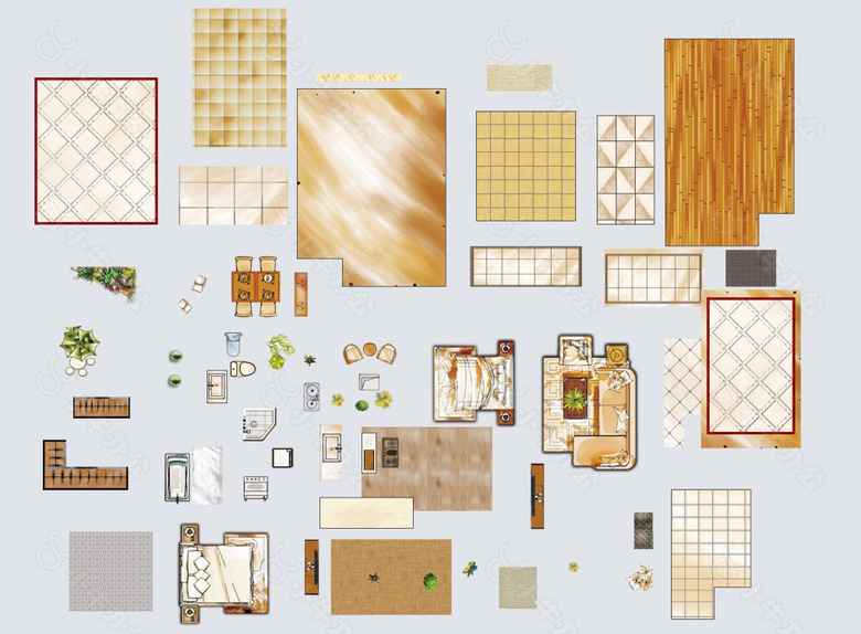 室内手绘家具铺装平面图素材