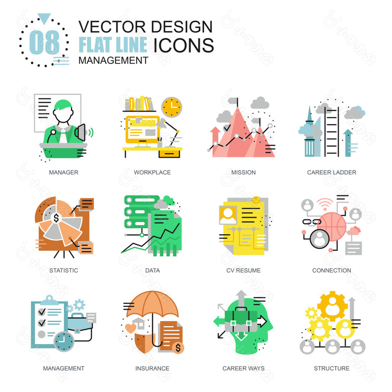 与管理相关的扁平化线条图标