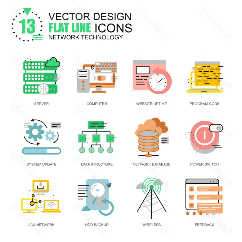 扁平化网络技术的彩色图标