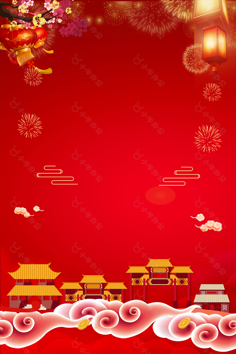 红色喜庆卡通复古新年背景