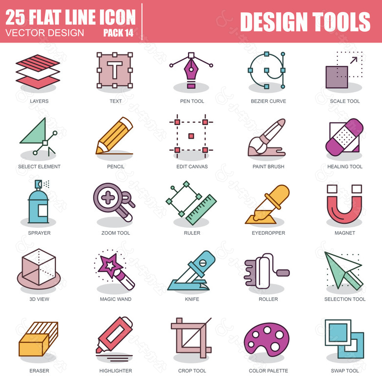 设计工具相关的扁平化线性图标