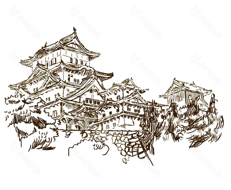 卡通素描古式建筑png元素