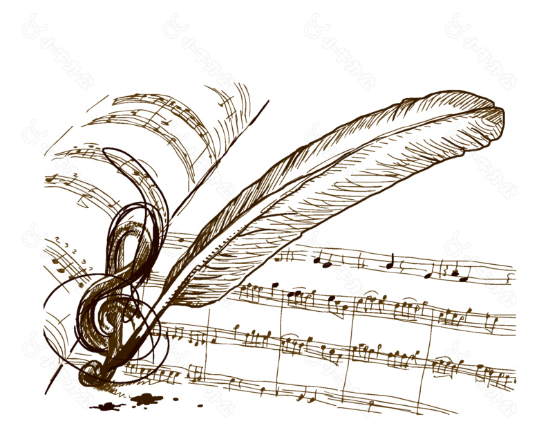 卡通羽毛笔下音符png元素