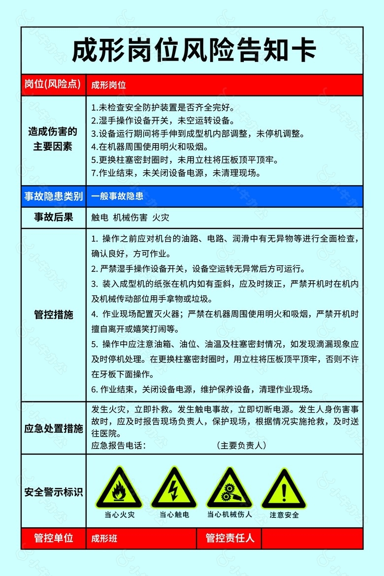 印刷包装工厂成形岗位安全风险告知卡