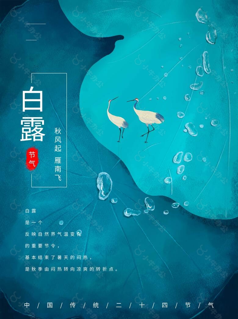 白露时节创意蓝色背景荷叶海报