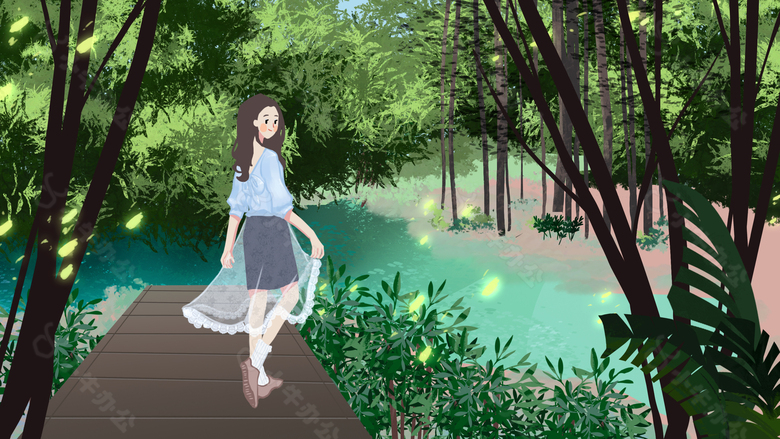 森系女孩丛林漫步创意插画背景