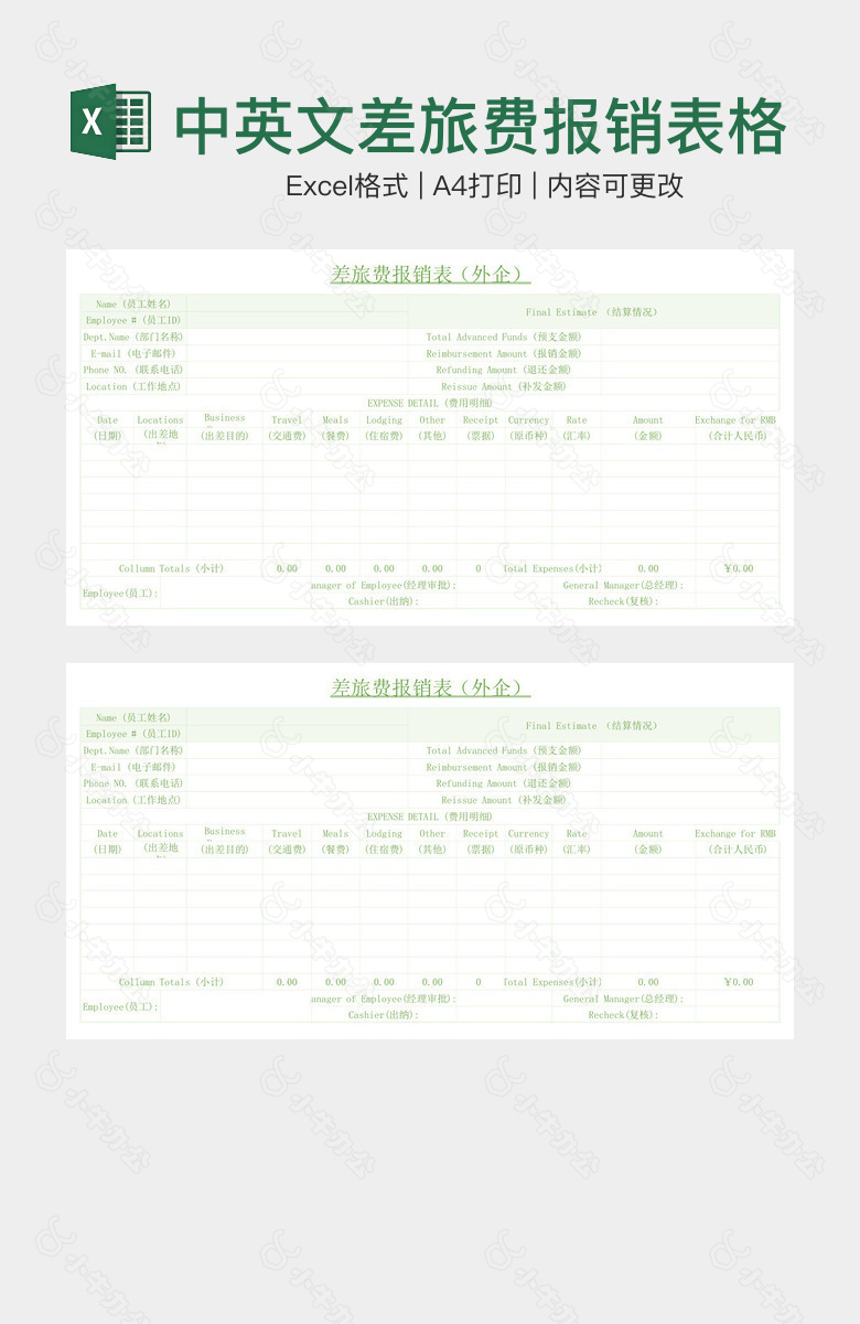 外企中英文差旅费报销表格