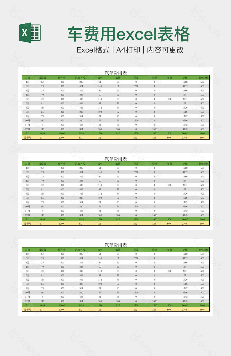 黄绿撞色汽车费用excel表格