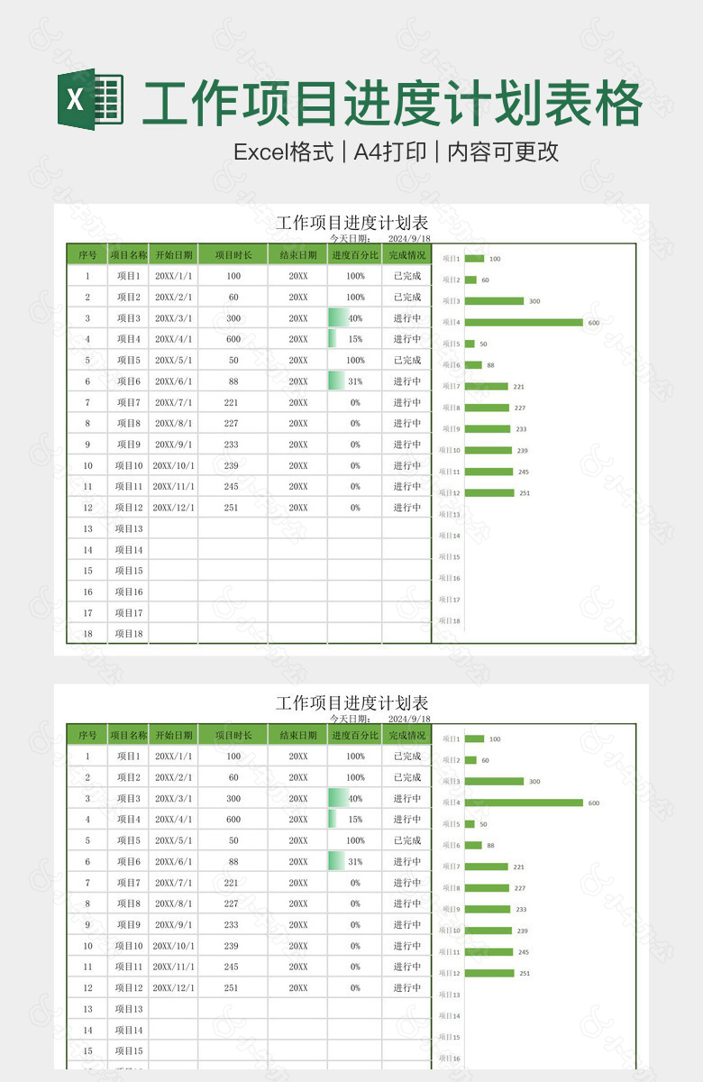 清新实用工作项目进度计划表格