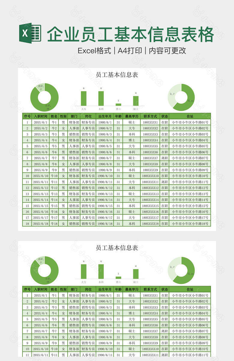 绿色系企业员工基本信息表格