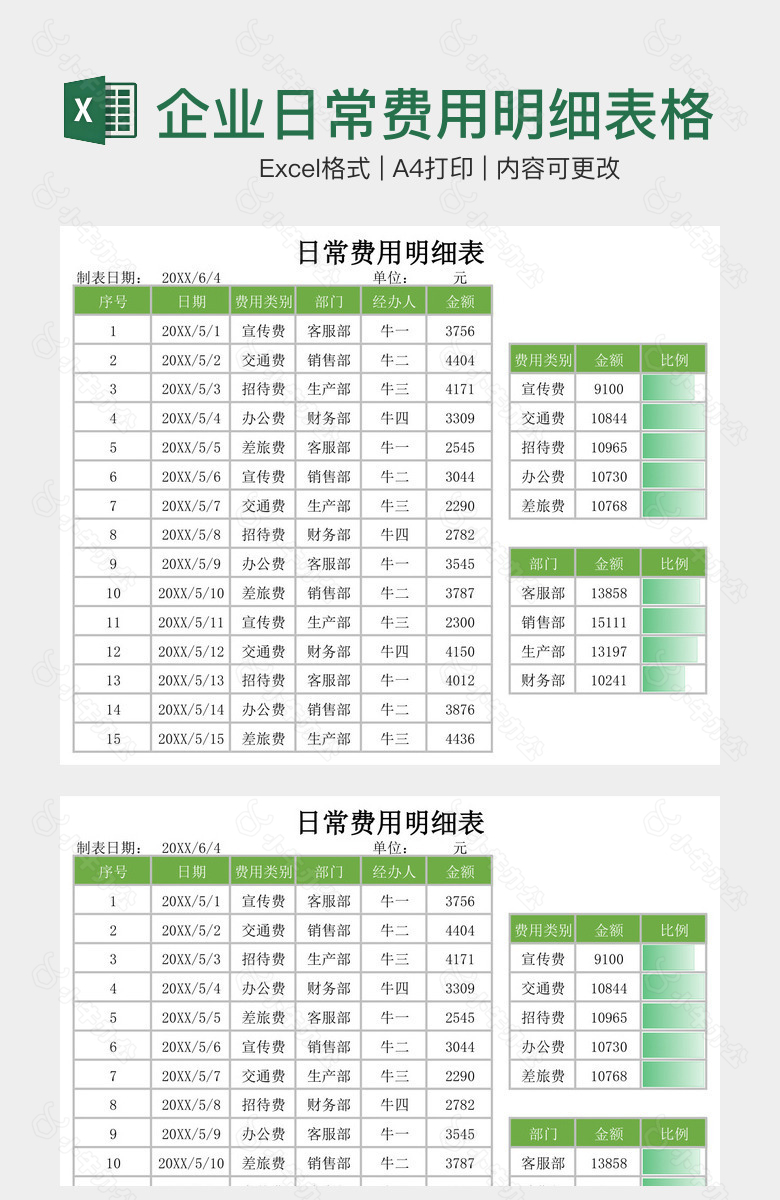 清新绿色系企业日常费用明细表格