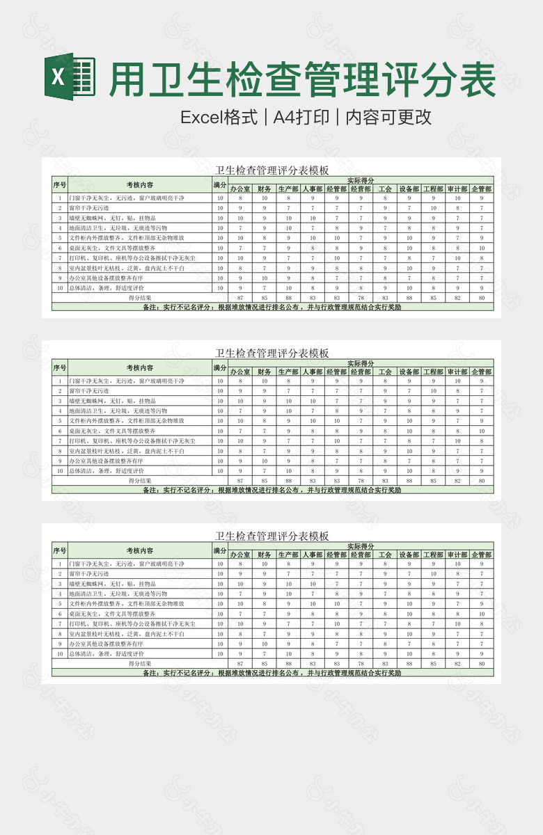 浅绿实用卫生检查管理评分表