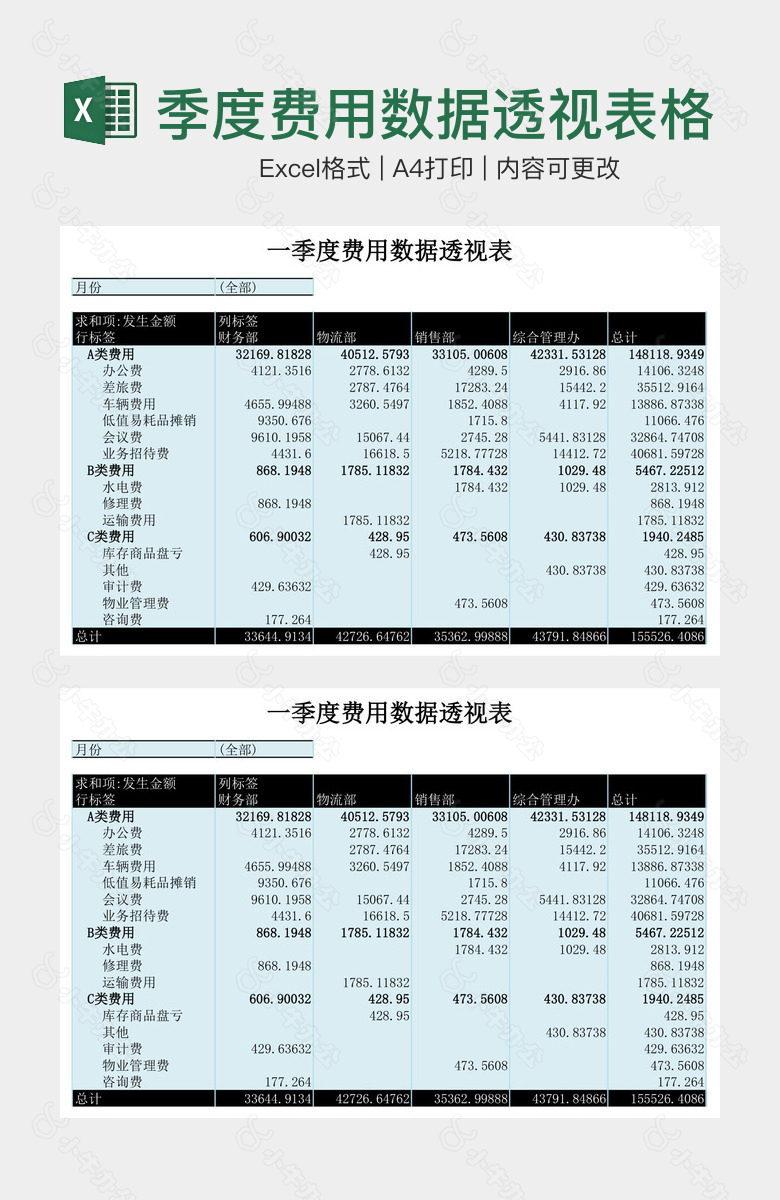 浅蓝大气季度费用数据透视表格