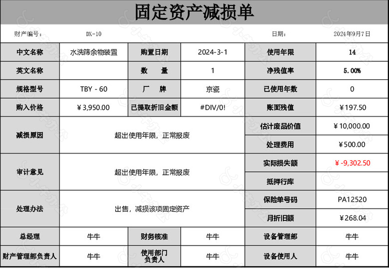 经典灰色简约固定资产减损单表格no.2