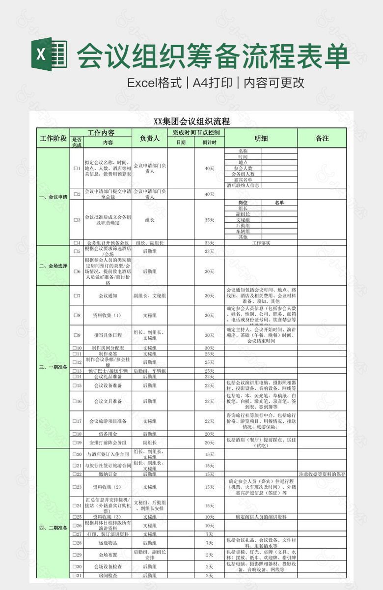 绿色实用大型会议组织筹备流程表单